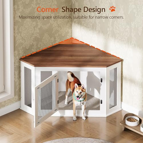 MAHANCRIS Corner Dog Crate Furniture, Wooden Dog Kennel End Table, Decorative Pet Crate Indoor Use, Furniture Style Dog House for Small Medium Dog, Dog Cage TV Stand, White and Walnut DCBA0801 MAHANCRIS