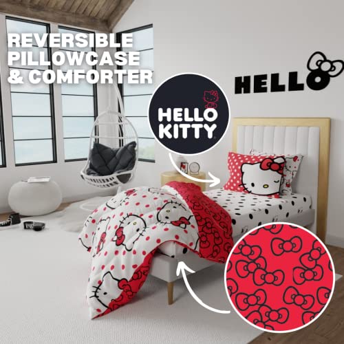 Franco Collectibles Hello Kitty Polka Dot Bedding 5 Piece Super Soft Comforter and Sheet Set with Sham, Twin, (Official Licensed Product) Franco