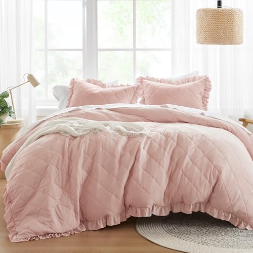 Comfort Spaces Blush Twin Duvet Cover Set - 2 Pieces Ruffle Diamond Quilted Duvet Cover, All Season Lightweight, Cotton-Like Softness Pre-Washed Microfiber Twin Bedding Cover & Sham, Twin Comfort Spaces