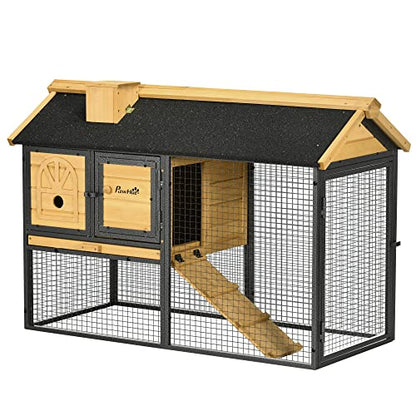 PawHut 47" Wooden Rabbit Hutch Outdoor with Run, Metal Frame, 2-Story Bunny Rabbit Cage with Removable Tray, Ramp, Bunny Hutch with Space-Saving Design