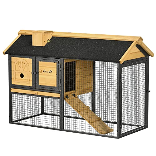 PawHut 47" Wooden Rabbit Hutch Outdoor with Run, Metal Frame, 2-Story Bunny Rabbit Cage with Removable Tray, Ramp, Bunny Hutch with Space-Saving Design - WoodArtSupply