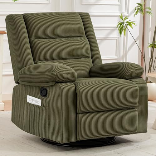 360° Swivel Rocker Recliner Chair for Adults, Nursery Manual Reclining Chair with Arms and Back, Upholstered Glider Rocking with Side Pockets for Living Room, Bedroom Nursing use, Corduroy, Green