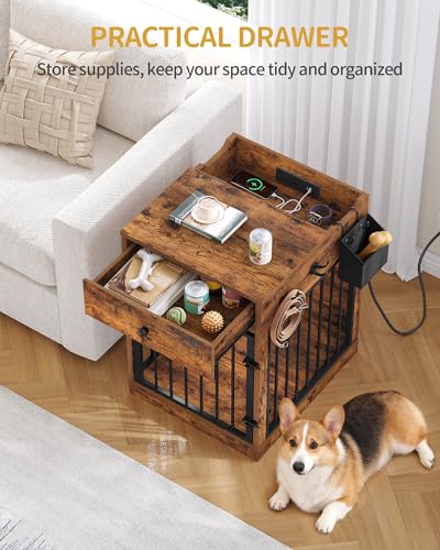 Hzuaneri 24'' Dog Crate Furniture with Charging Station, Dog Kennel Indoor with Flip-Top Storage, Wooden Pet Cage Dogs House End Side Table for Small Dogs Anti-Chew Anti-Escape, Rustic Brown DFC90101B Hzuaneri