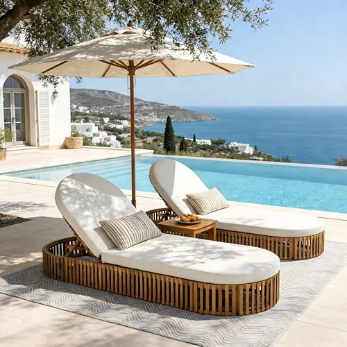 Merax Acacia Wood Chaise Lounge with Curved Cushion, Outdoor Sun Lounger for Patio, Poolside and Garden, Teak Finish Wood Recliner, 80.8" L, Supports 300 lbs, Cream