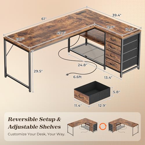 PRAISUN 61" L Shaped Desk with Power Outlets and USB-C Port, Reversible Computer Corner Office Desk with 4 Fabric Drawers and 2 Height-Adjustable Shelves, Large for Gaming Writing Study, Rustic Brown PRAISUN