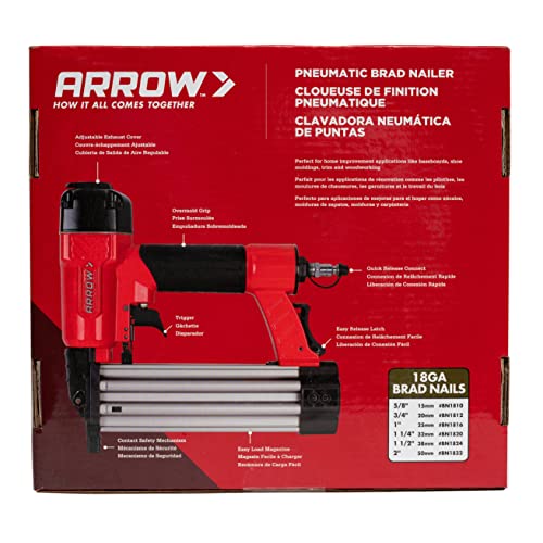 Arrow PT18G Gauge Oil-Free Pneumatic Brad Nailer - Small Light Trim and Interior Molding Work, Operates Up to 100psi Compression Unit, Fits 5/8", 3/4", 1", 1.5", 2" Brad Nails - WoodArtSupply