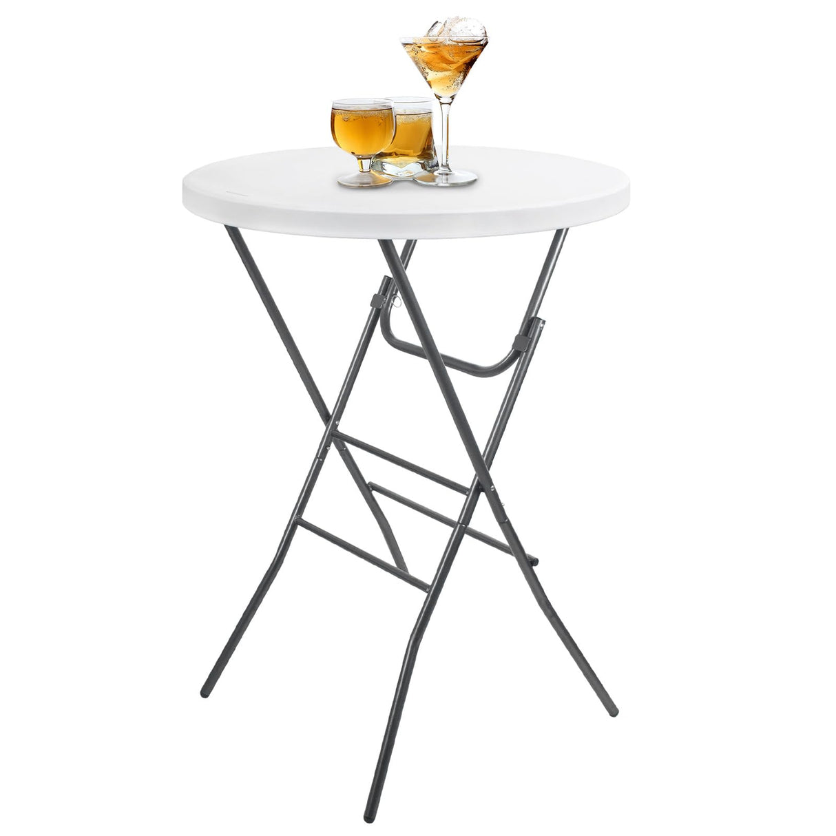 Cocktail Table 28in Portable Folding Bar Height Table, Compact Round High Top Plastic & Steel Bistro with Removable Legs, for Indoor Outdoor RV Patio Catering Parties Commercial Events pollilar