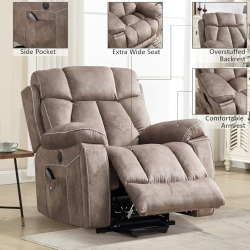 CANMOV Large Power Lift Recliner Chairs with Massage and Heat for Elderly Big People, Heavy Duty Motion Reclining Mechanism-Anti Skid Fabric Recliner Chair with 2 Concealed Cup Holders,Light Brown