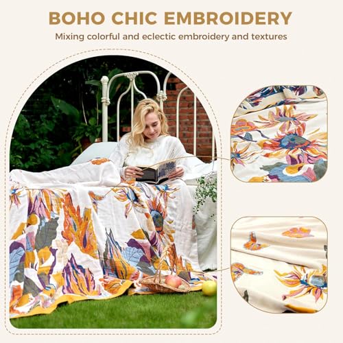 King Throw Blanket for Bed 100% Cotton Boho Soft Rustic Quilt Butterfly and Floral Double Embroidery Breathable Spring Bed Blanket,90"x108" All Season Blankets for Bedding Couch Home Decor LUTBM