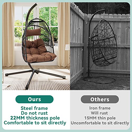 YITAHOME Hanging Egg Swing Chair Outdoor Wicker Hammock Chairs Indoor with Steel Stand UV Resistant Cushion 350lbs for Patio, Bedroom, Garden and Balcony, Brown - WoodArtSupply