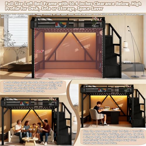 Bellemave Full Loft Beds with Storage Beside Shelves and Wardrobe, Metal Loft Bed with LED Lights and USB Ports, Heavy-Duty Loft Bed Frame for Teens, Adults, Noise-Free & Space-Saving, Black Bellemave