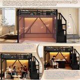 Bellemave Full Loft Beds with Storage Beside Shelves and Wardrobe, Metal Loft Bed with LED Lights and USB Ports, Heavy-Duty Loft Bed Frame for Teens, Adults, Noise-Free & Space-Saving, Black Bellemave