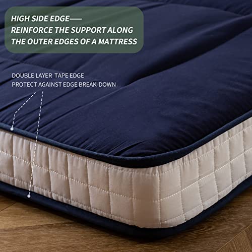 MAXYOYO Futon Mattress, Padded Japanese Floor Mattress Quilted Bed Mattress Topper, Extra Thick Folding Sleeping Pad Breathable Floor Lounger Guest Bed for Camping Couch, Navy, Full MAXYOYO
