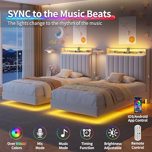 Twin Size Floating Bed Frame with Ergonomic Hidden Storage Headboard and LED Light,Visual Floating LED Bed Frame with Charing Station,Velvet Upholstered Platform Bed for Kid/Boy/Girl,Heavy Duty,White Jocoevol