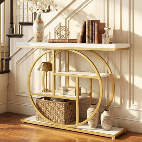 Giantex 41" Narrow Console Table, 4-Tier Modern Entryway Table with Storage Shelves, Behind Couch Sofa Tables w/Gold Metal Frame, Accent Entry Tables for Living Room, Hallway, Entrance Giantex