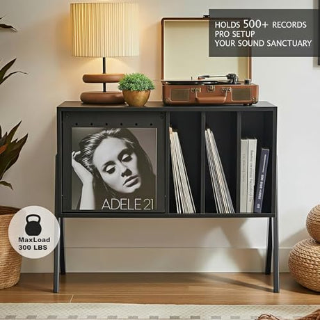 Record Player Stand with Vinyl Storage, 32" Turntable Stand with Flip-Up Album Display, Mid Century Modern Black Vinyl Record Storage Cabinet, Audio Media Console Table with V-Shape Legs FurnPulse