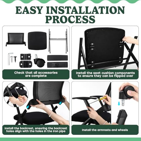 AceOrbit 4 Pcs Foldable Office Chair with PU Wheels Lumbar Support, Armrest, Thick Breathable Mesh Seat Stackable Chair for Office Meeting, Conference, Training Room, Black AceOrbit