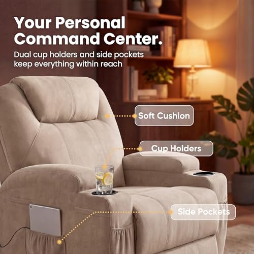 JUMMICO Small Swivel Rocker Recliner, 360 Rocking Chair Recliner with Massage, Upholstered Fabric Rocker Recliner with Cup Holder for Living Room, Bedroom, Nursery (Beige)