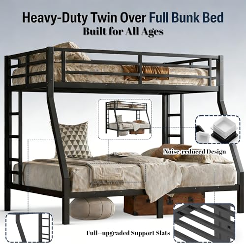 Bellemave Twin Over Full Bunk Bed with Ladders, Metal Bunk Beds Frame with Full-Length Guardrails, Heavy-Duty Bunkbed for Bedroom, Guest Room, Dorms, Noise-Reduce and No Spring Box Needed, Black Bellemave