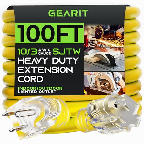 GEARit Outdoor 10 AWG Gauge 3 Prong Plug 100 Foot Extension Cord, Power Cord for Lawn, Garden, Appliances, 10/3, SJTW Heavy Duty for Indoor/Outdoor, All Purpose Weather Resistant, 100 Feet, Yellow GearIT