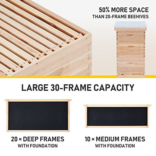 CREWORKS Bee Hive with 10 Medium &20 Deep Honeycomb Foundation Frames, Bee Box for Beekeeper Starter, Beekeeping Supplies Equipment Tool, Wood Complete Honey Bee Hives Kit, 3 Layer Bees House Box CREWORKS