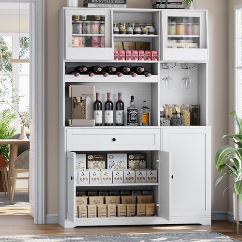 Gyfimoie 71" Pantry Cabinet with LED Light & Outlet, Kitchen Hutch Storage Cabinet with 6 Adjustable Shelves and 3 Hanging Rack Shelves,Food Pantry for Kitchen, Dining Room or Living Room, White Gyfimoie