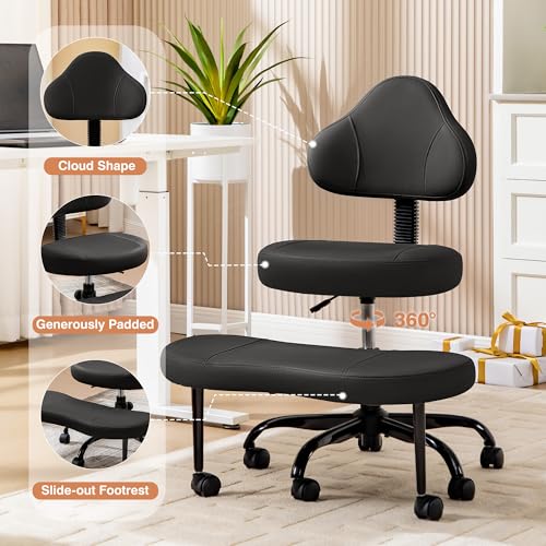 AtHope Cross Legged Office Chair, Criss Cross Desk Chair ADHD Meditation Kneeling Yoga Seat with Adjustable Height, Lumbar Support, Wider Footrest and Wheels (Black) AtHope