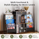 JunVpic Record Player Stand with Vinyl Storage – Record Table with Holder,6-Bin Vinyl Storage Rack & Drawer, Dual Side Display Shelves,Holds 200+ Albums,Turntable Stand for Living Room,Bedroom (Brown) JunVpic