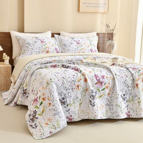 Lady Ann Wild Floral Printed Bed Quilt Sets Queen 100% Cotton Yellow Flower Botanical Pattern Bedding, Vintage Lightweight Coverlet Ultra Soft Bedspread Set with Pillow Shams for All Season, 3 PCS Lady Ann