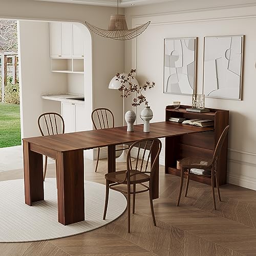 kevinplus 98.4'' Extendable Wood Dining Table with Storage for 6-10, Modern Rectangle Multifunctional Dining Kitchen Table Console Table for Living Room Home Office, Easy Assembly, Walnut kevinplus