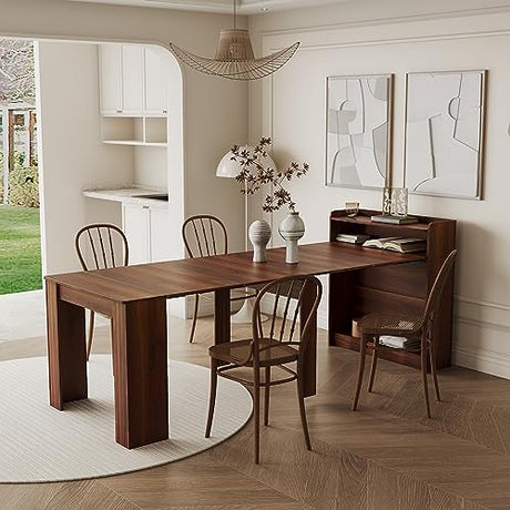 kevinplus 98.4'' Extendable Wood Dining Table with Storage for 6-10, Modern Rectangle Multifunctional Dining Kitchen Table Console Table for Living Room Home Office, Easy Assembly, Walnut kevinplus