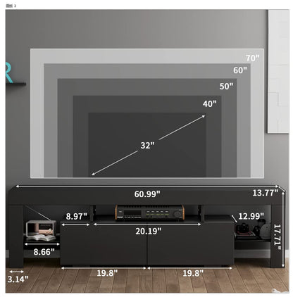 YESHOMY Modern LED TV Stand for Televisions up to 70 Inch with Glass Shelves and Drawer, Gaming Entertainment Center with Multiple Dynamic RGB Modes, for Livingroom, Bedroom, 60 Inch, Black - WoodArtSupply