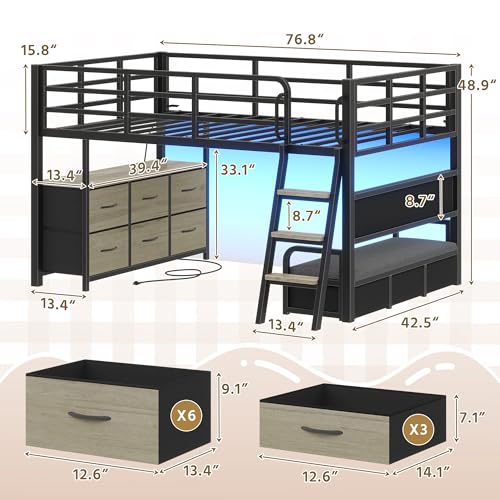 busyaeh Low Loft Bed Twin,Twin Loft Bed for Kids with 9 Storage Drawers & 15.8" H Safety Guardrail & Inclined Ladder & Safety Handrail & LED Lights and Charging Station (Oak Gray, Twin) busyaeh
