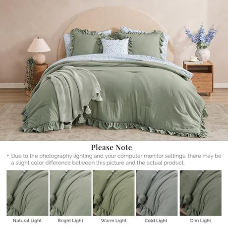 BLOOMHAVEN Full Comforter Set - 7 Pieces Ruffle Sage Green Bedding Sets, Shabby Chic Farmhouse Bed in a Bag Full with Ruffle Comforter, Floral Sheets, Pillowcases & Shams BLOOMHAVEN