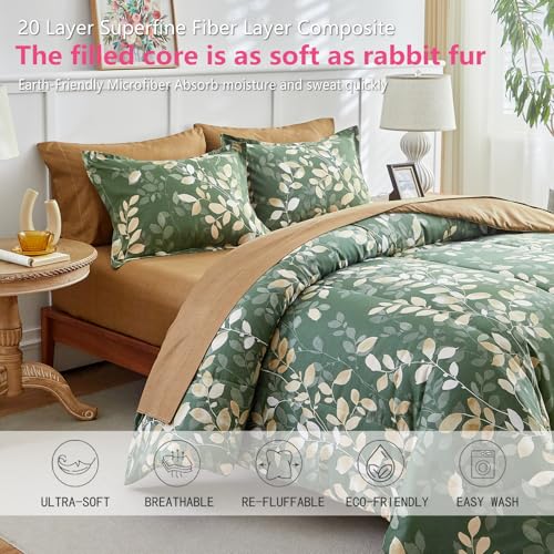 AIKASY 6-Piece Comforter Set Bed in a Bag, Twin Size, Green Leaf Pattern - Bedding Set with Comforter, Pillow Shams, Fitted Sheet, and Pillowcases - Soft and Cozy All-Season Bedding (Green) AIKASY
