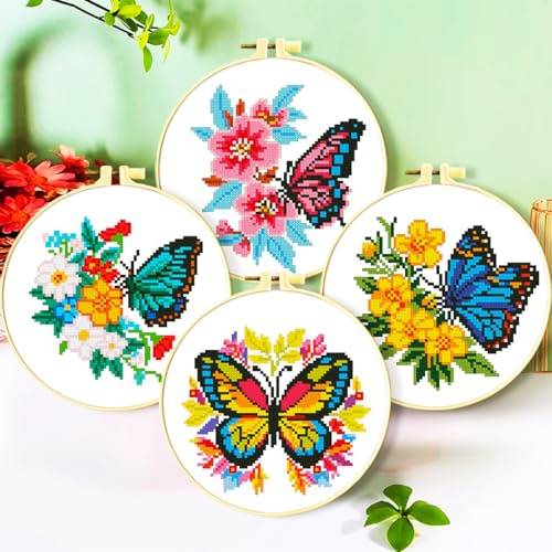 Zhenqing 4-Pack Butterfly Cross Stitch Kits – 11CT 24x24cm Aida Cloth with Blue, Pink & Floral Designs – Vibrant Home Wall Art Decor Set（68121）