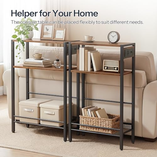 HOOBRO 15.7" Narrow Console Table with Charging Station, 3 Tier Entryway Table for Small Space, Behind Couch Table, Sofa Table, for Entryway, Hallway, Living Room, Rustic Brown and Black BF42UXG01 HOOBRO