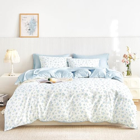 Wake In Cloud - Floral Comforter Set with Sheets, Coquette Cottagecore Aesthetic Flower Shabby Chic Pattern for Women Teen Girls, 7 Pieces Bed in a Bag, White Blue, Full Size Wake In Cloud