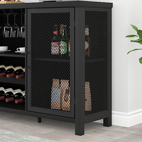Launica Black Wine Bar Cabinet, Coffee Bar Cabinet with Storage, Farmhouse Kitchen Buffet Cabinet with Rack for Liquor and Coffee, Industrial Wine Cabinet for Home Living Dining Room, Black Oak, 55 In Launica