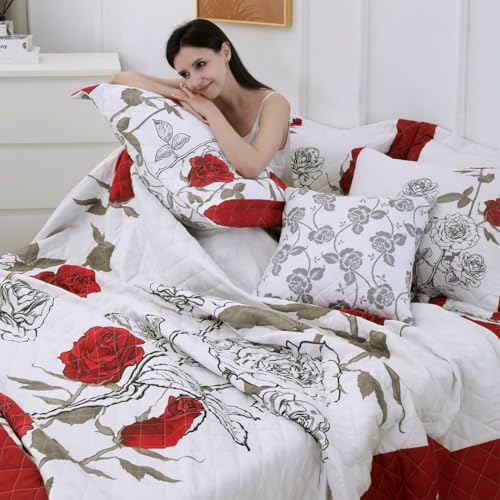 EVENHUG Quilt King Size Red Rose Bedding Set Floral Bedspread Lightweight Reversible Bed Cover with 2 Pillow Shams for All Seasons 3 Pieces (106"X96") EVENHUG