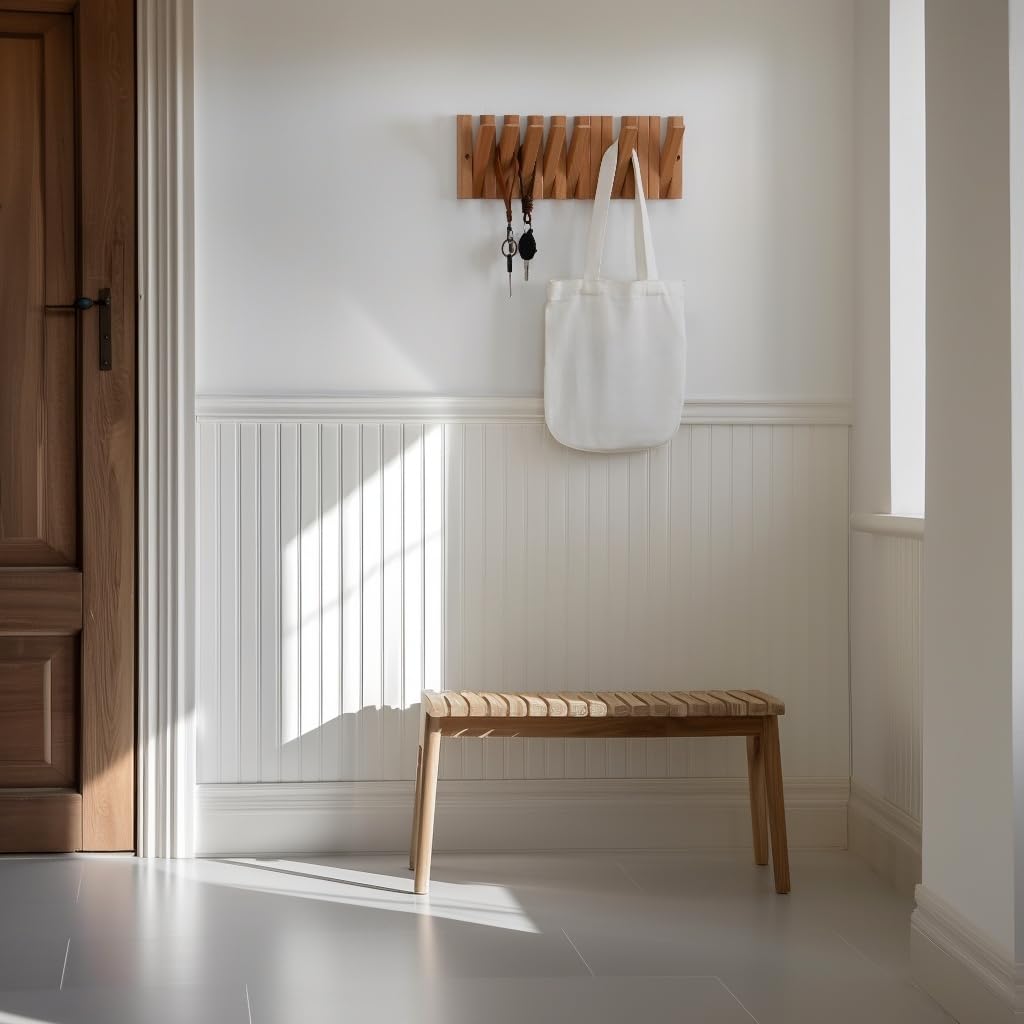 yaochuforest Coat & Hat Hooks Wall Mount with Key Holder, Wall Mounted Coat Rack with 9 Retractable Hangers, Solid Wood Slim Key Holder for Entryway, 17in Natural Finish yaochuforest