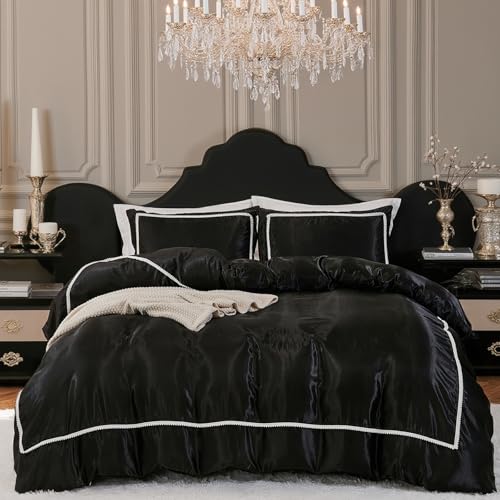 Herside Black Satin Comforter Set 7 Pieces King Size Bed in a Bag Luxurious Satin Bedding Set with Comforter Pillowcases and Sheets Sets Mini Pompoms Design Super Soft Silky Bed Set for All Seasons Herside