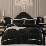 Herside Black Satin Comforter Set 7 Pieces King Size Bed in a Bag Luxurious Satin Bedding Set with Comforter Pillowcases and Sheets Sets Mini Pompoms Design Super Soft Silky Bed Set for All Seasons Herside