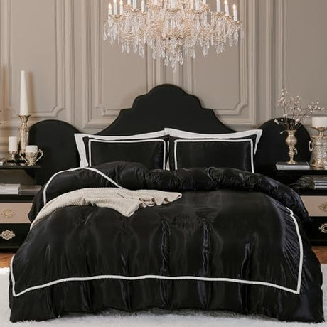 Herside Black Satin Comforter Set 7 Pieces King Size Bed in a Bag Luxurious Satin Bedding Set with Comforter Pillowcases and Sheets Sets Mini Pompoms Design Super Soft Silky Bed Set for All Seasons Herside
