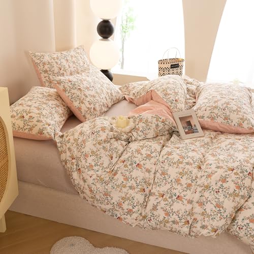 ECOCOTT Reversible Floral Duvet Cover Queen Size – 3 Piece 100% Washed Cotton Bedding Set, Soft Breathable Comforter Cover with Zipper Closure & Corner Ties ECOCOTT