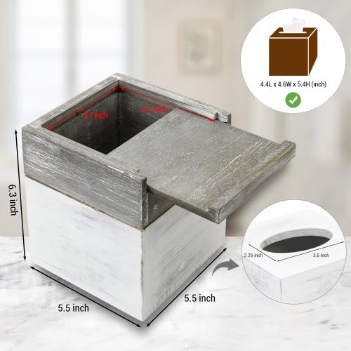 MyGift Vintage White and Distressed Gray Wood Square Bathroom Tissue Box Dispenser Holder Cover with Slide-Out Bottom Panel, 5.5 x 5.5 x 6.3 Inches