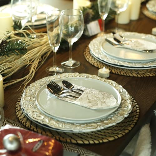 Umisriro Antique Charger Plates, 13 Inch White Dinner Plate Chargers Round Server Ware. Set of 6 Plastic Embossed Charger for Dinner, Party, Wedding, Elegant Tableware Decoration. (White) Umisriro