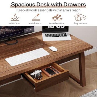 Tribesigns Home Office Executive Desk: 55 Inches Solid Wood Computer Desk with Drawer, Mid-Century Modern Study Writing Table, Rustic PC Laptop Desk Workstation Furniture, Walnut Brown - WoodArtSupply