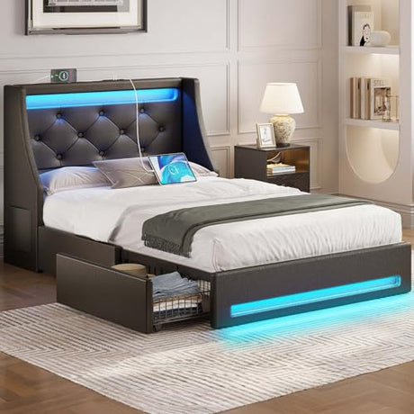 Rolanstar Twin Bed Frame with LED Lights and Charging Station, PU Leather Bed with Drawers, Wooden Slats, Noise Free, Easy Assembly, Black Rolanstar