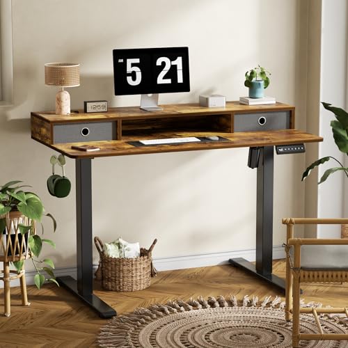 CROWNFURN Electric Standing Desk with Double Drawers,Adjustable Standing Desk with Storage Shelf for Home Office,with 3 Presets & 2 Hooks,48 Inch(Rustic Brown) CROWNFURN